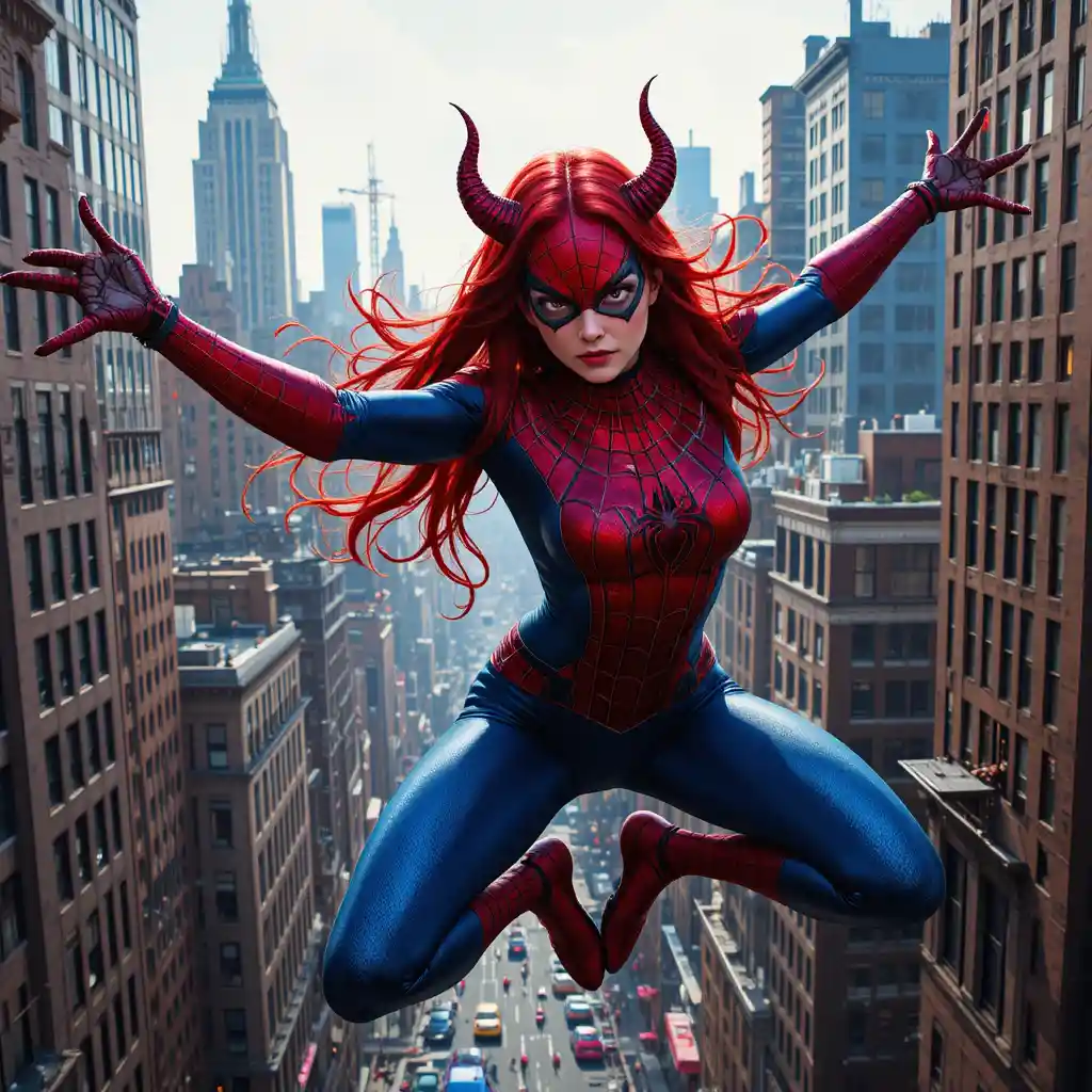 Mulher demoníaca em traje de aranha balançando sobre Manhattan