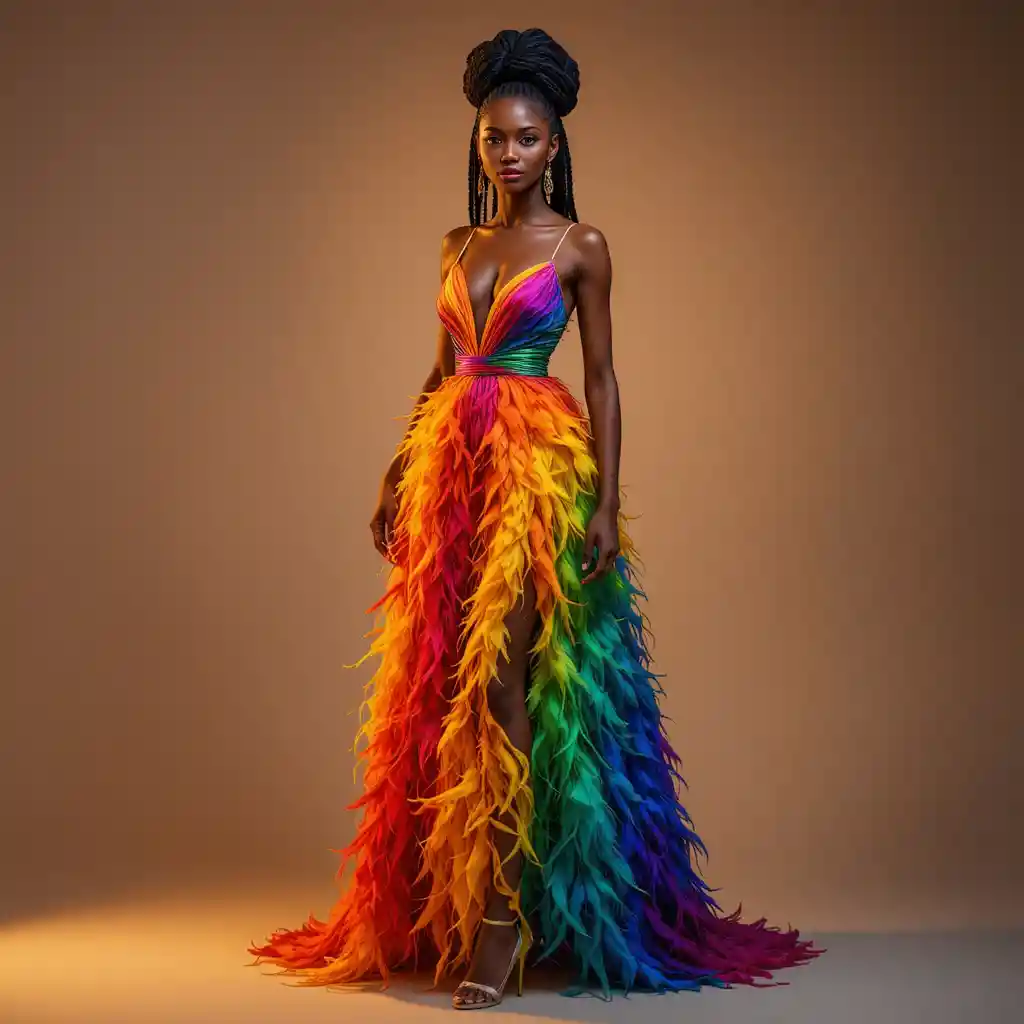 Confident woman in rainbow feather dress in studio portrait