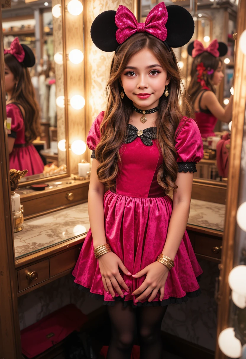 Tween girl in pink minnie dress at boutique vanity