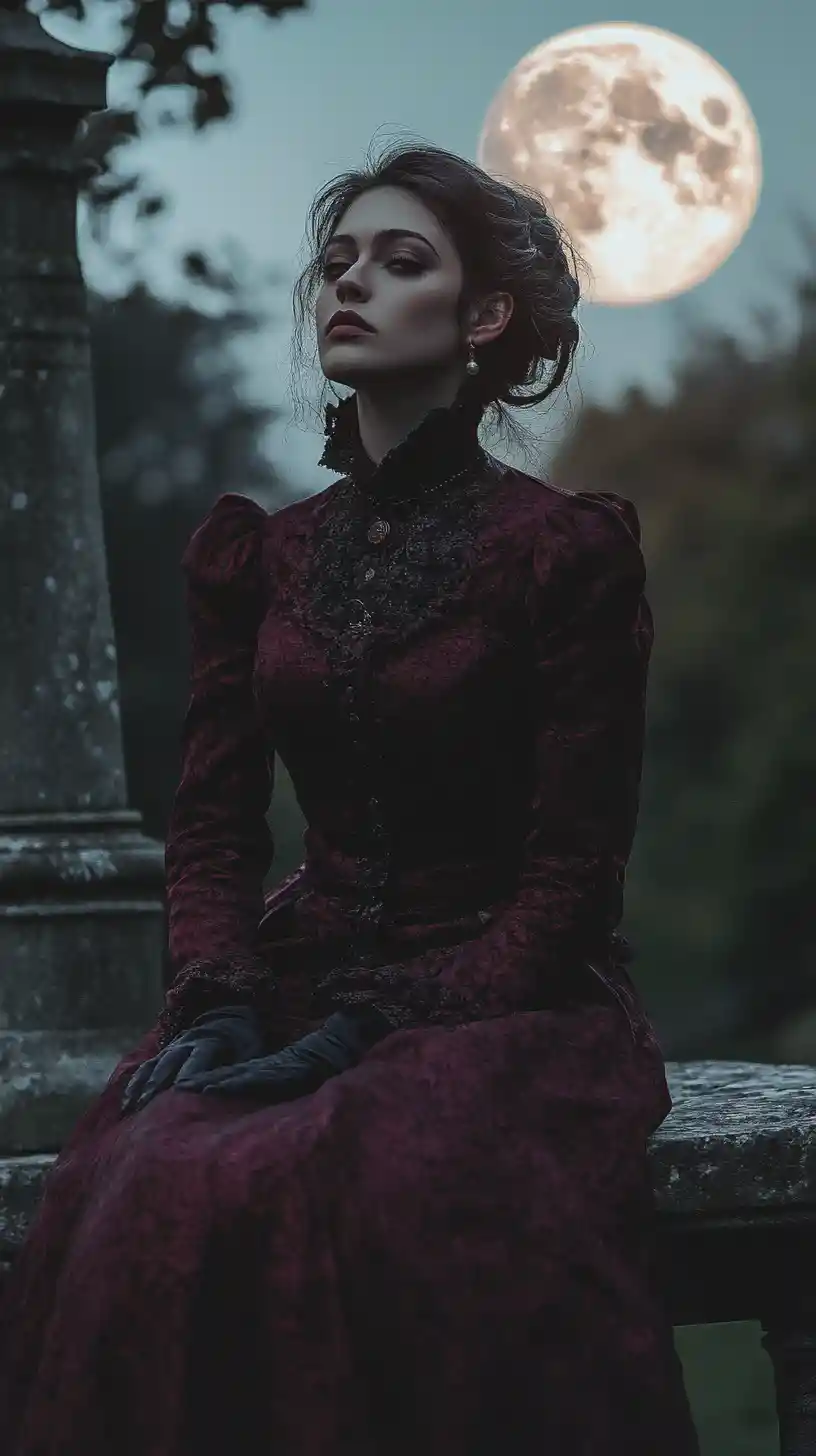滿月下的暗紅色洋裝女子