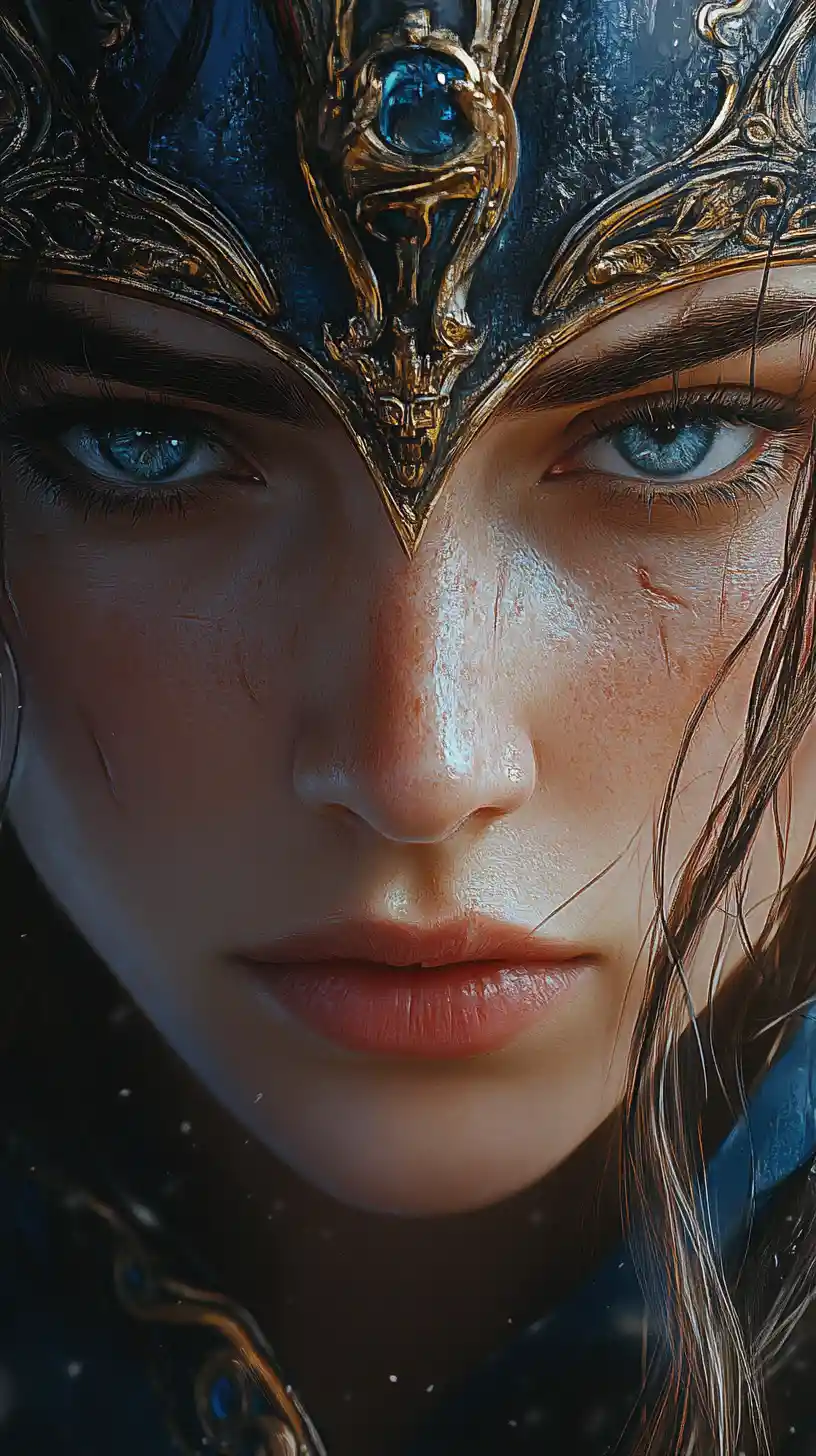 Fierce female warrior portrait in ornate blue and gold helmet