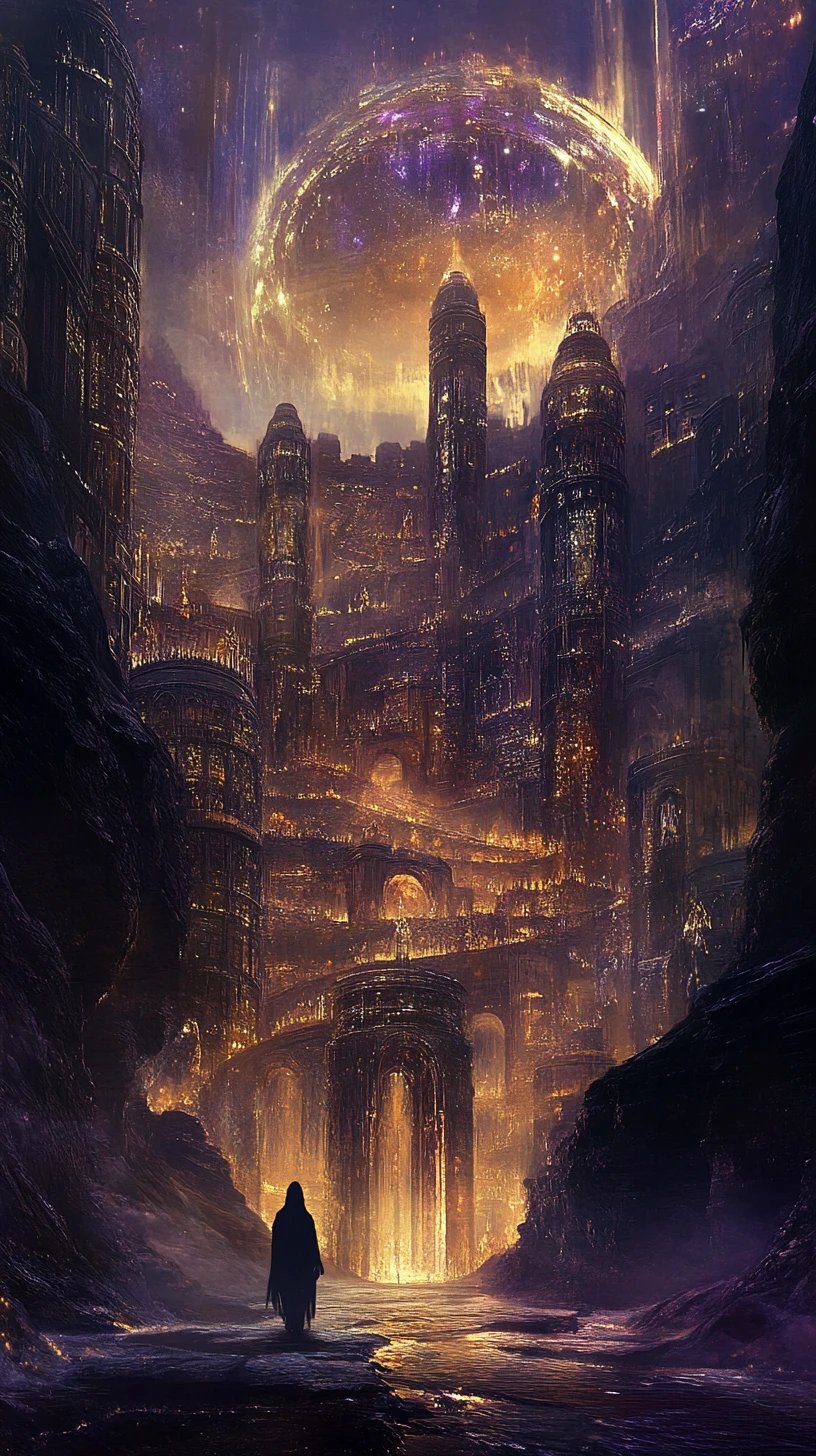 Viandante Incappucciato in una Città Fantasy Labirintica