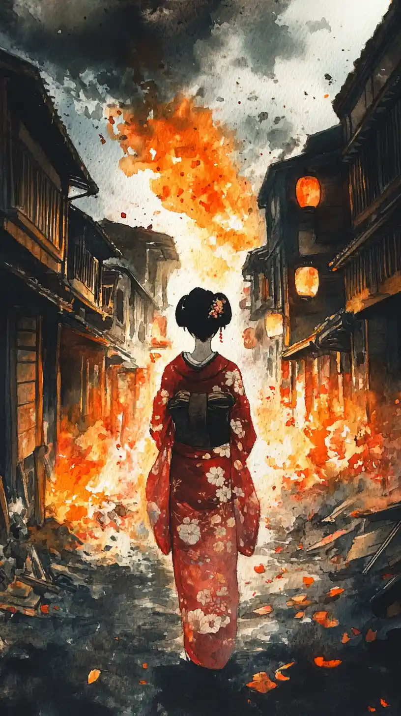 Geisha in kimono rosso osserva una strada di Edo in fiamme