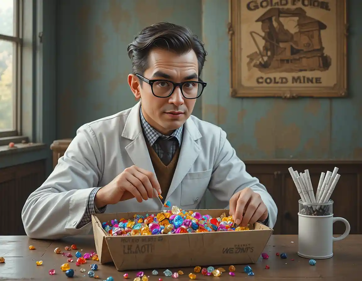 Scientist Sorting Precious Gems In Retro Digital Illustration