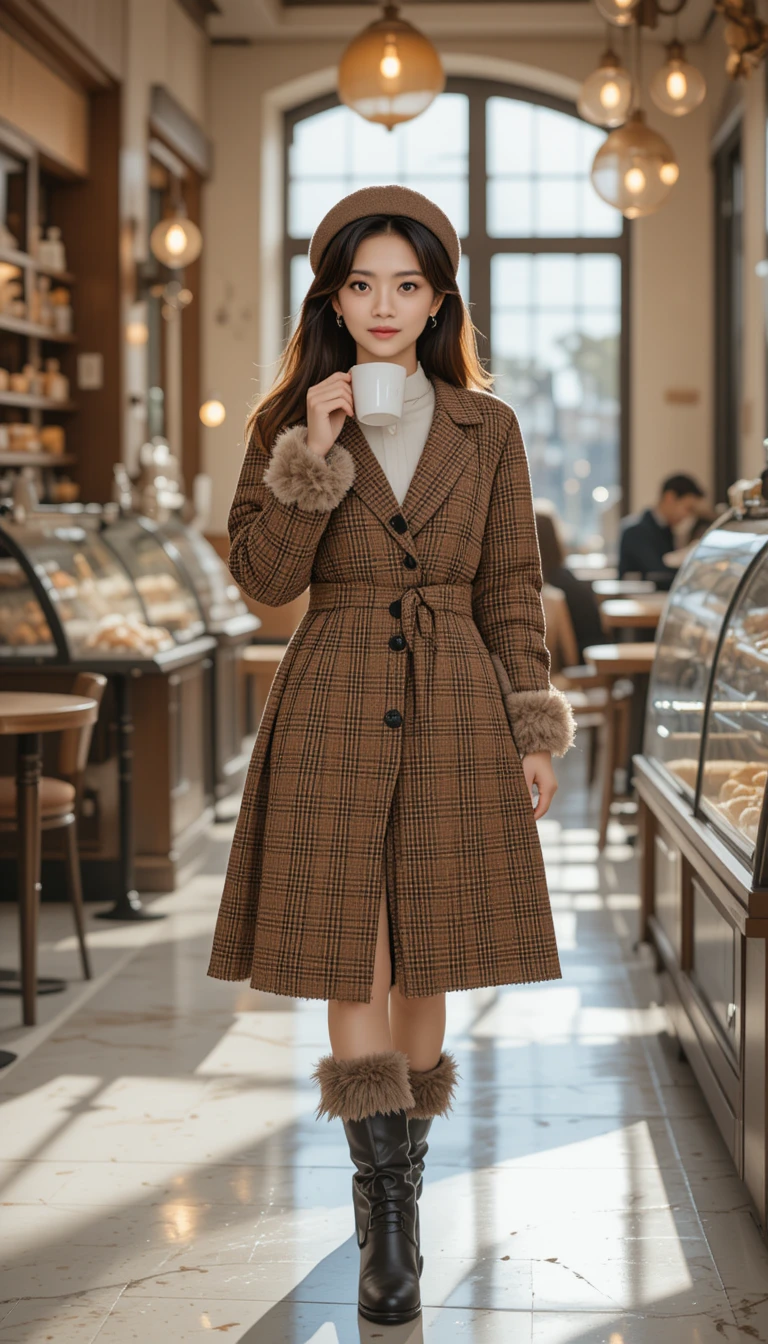Stylish woman walking through a sunlit cafe with latte