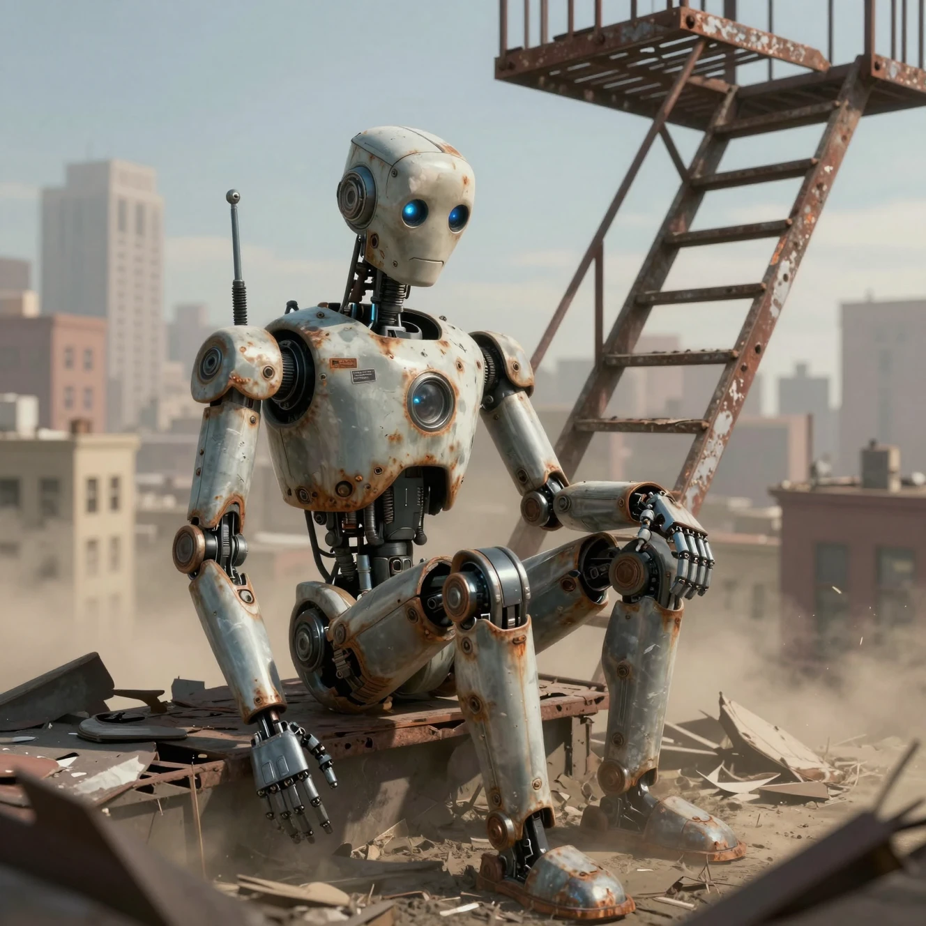 Weathered robot on fire escape above ruined city