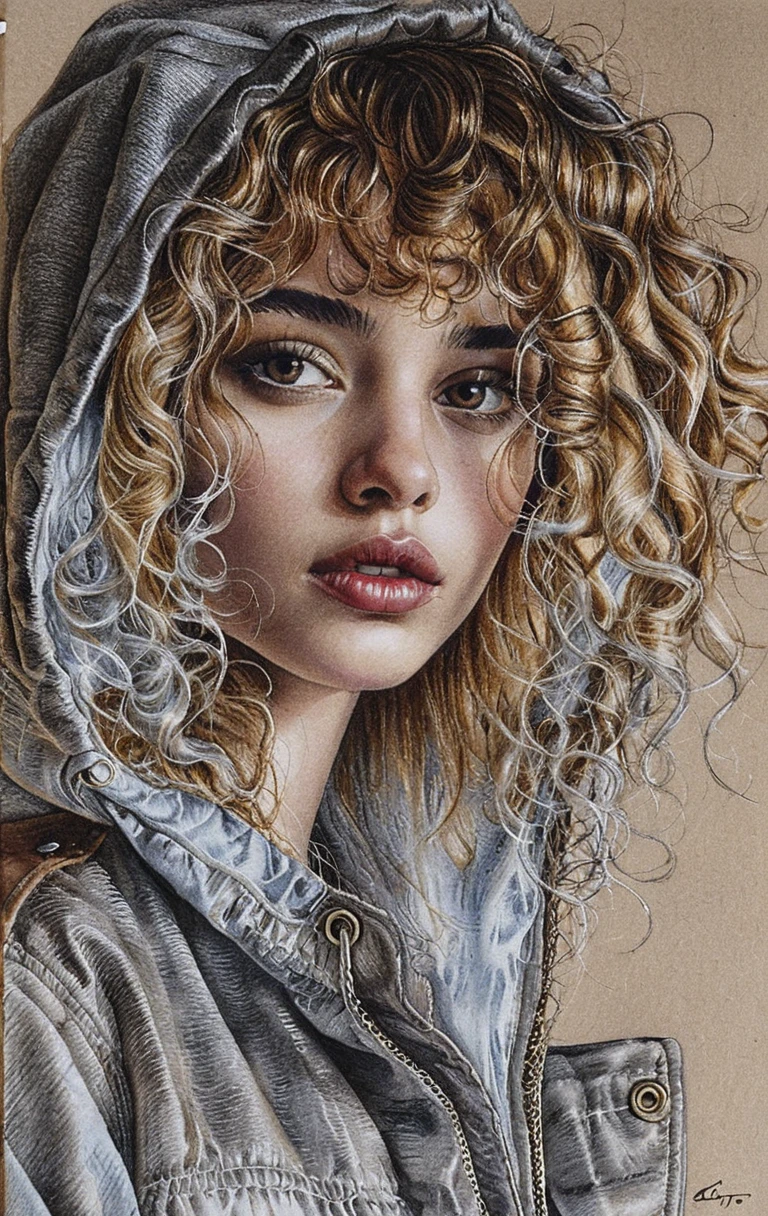 Portrait hyperréaliste au graphite d’une jeune femme en bomber à capuche