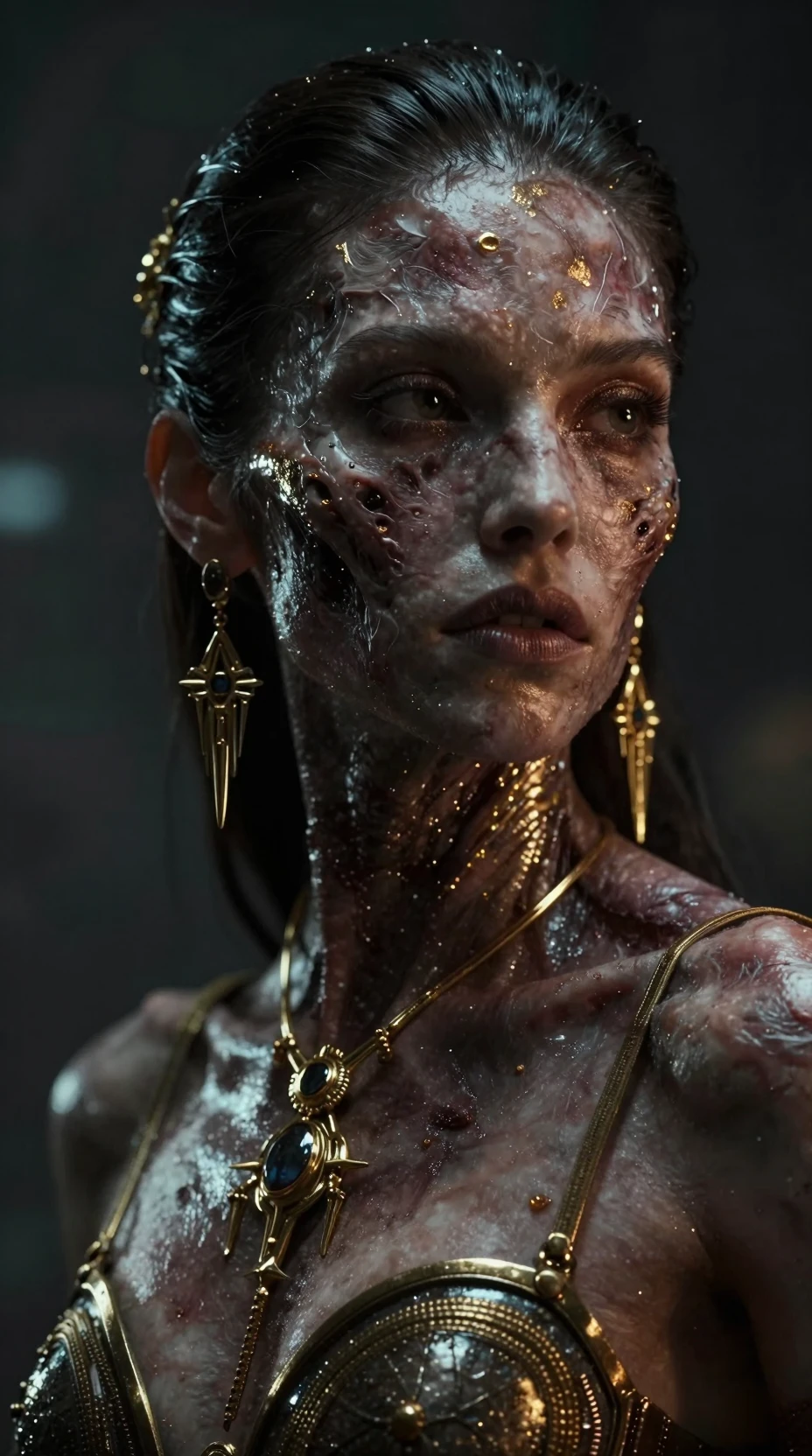 Futuristisches Porträt einer Cyborg-Frau mit leuchtenden Golddetails
