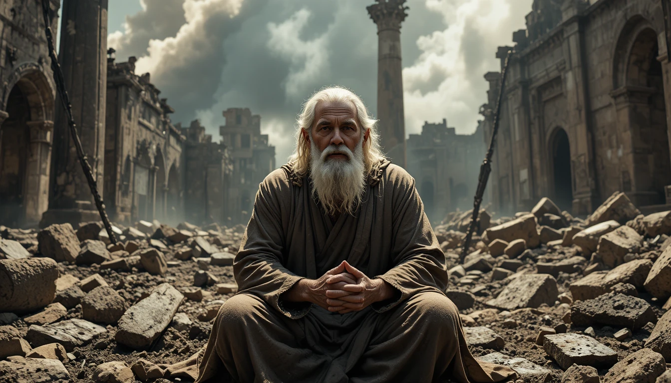 Elderly man praying amid ruins of an ancient village