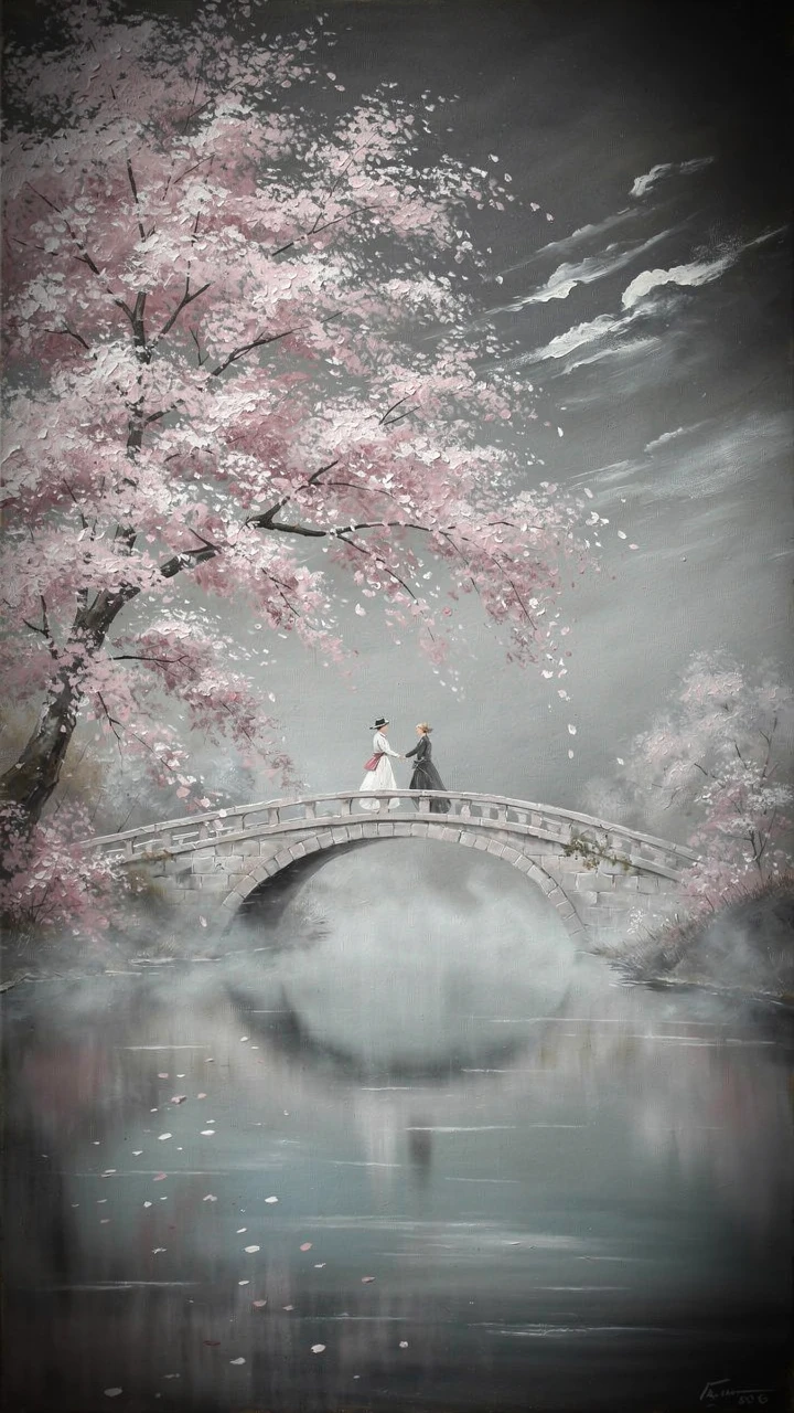 Casal romântico atravessando uma ponte sob uma cerejeira em flor