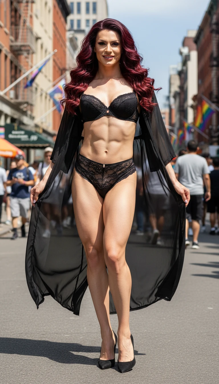 Confident Scandinavian trans woman in red lingerie on city street