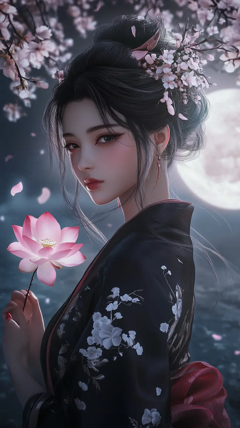 Asian woman with lotus flower under the full moon