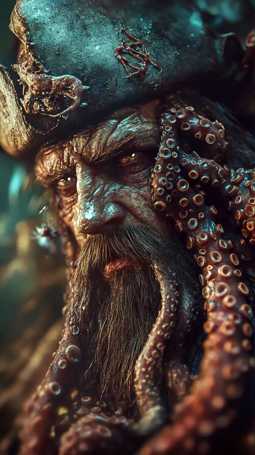Sad cursed pirate merging with coral and sea creatures