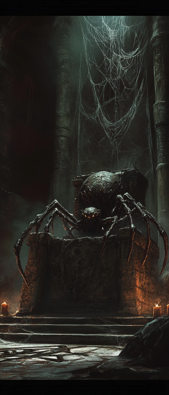 Gothic spider queen on a bone throne in candlelit darkness