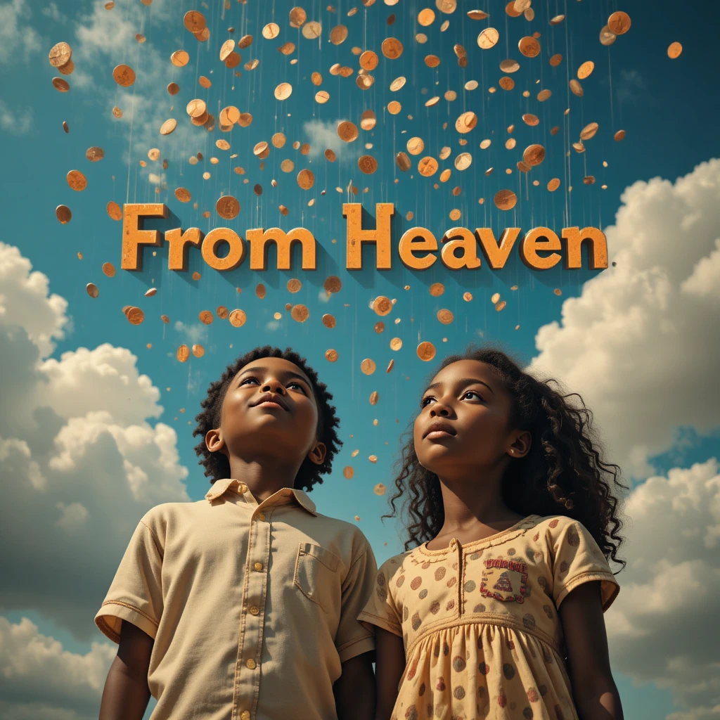 Kids look up at pennies falling from a cloudy sky