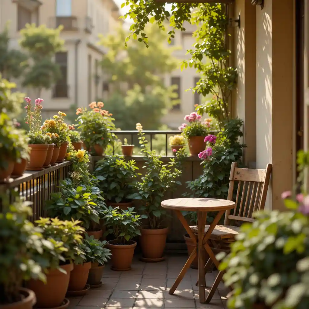 Cozy European balcony with plants in warm morning light