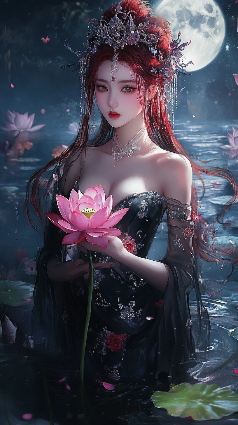 Asian woman with glowing lotus in moonlit water garden