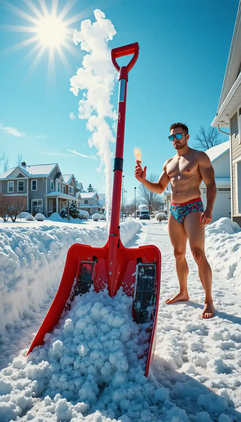 Pala da neve solare che scioglie neve fresca accanto a un proprietario confuso