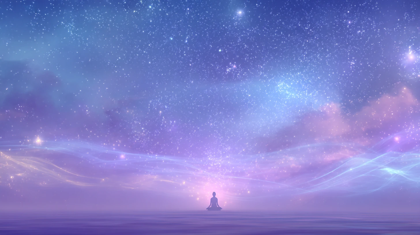 Silhouette meditating under a glowing tranquil night sky