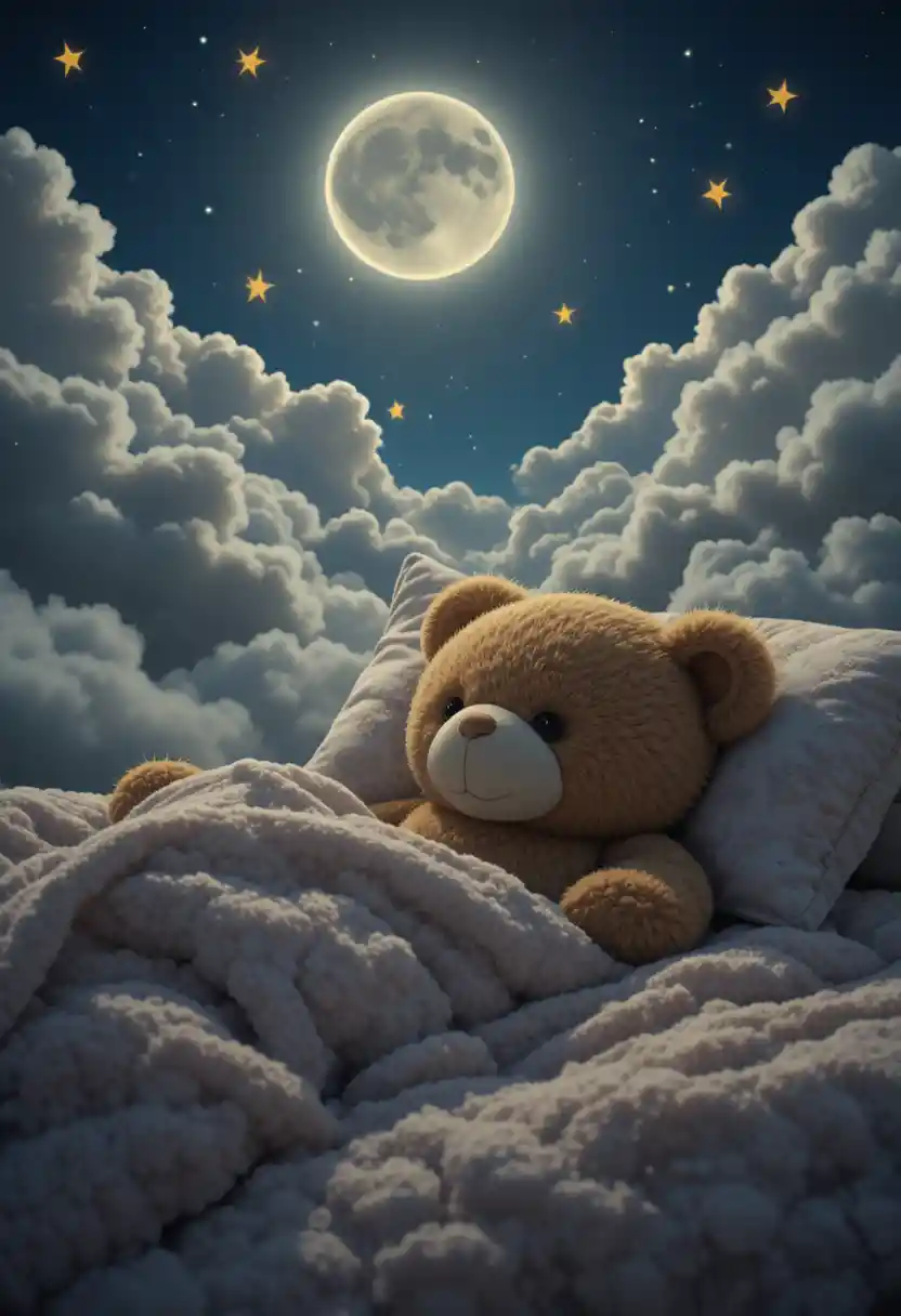 Niedlicher Teddybär schläft gemütlich auf einem weichen Bett