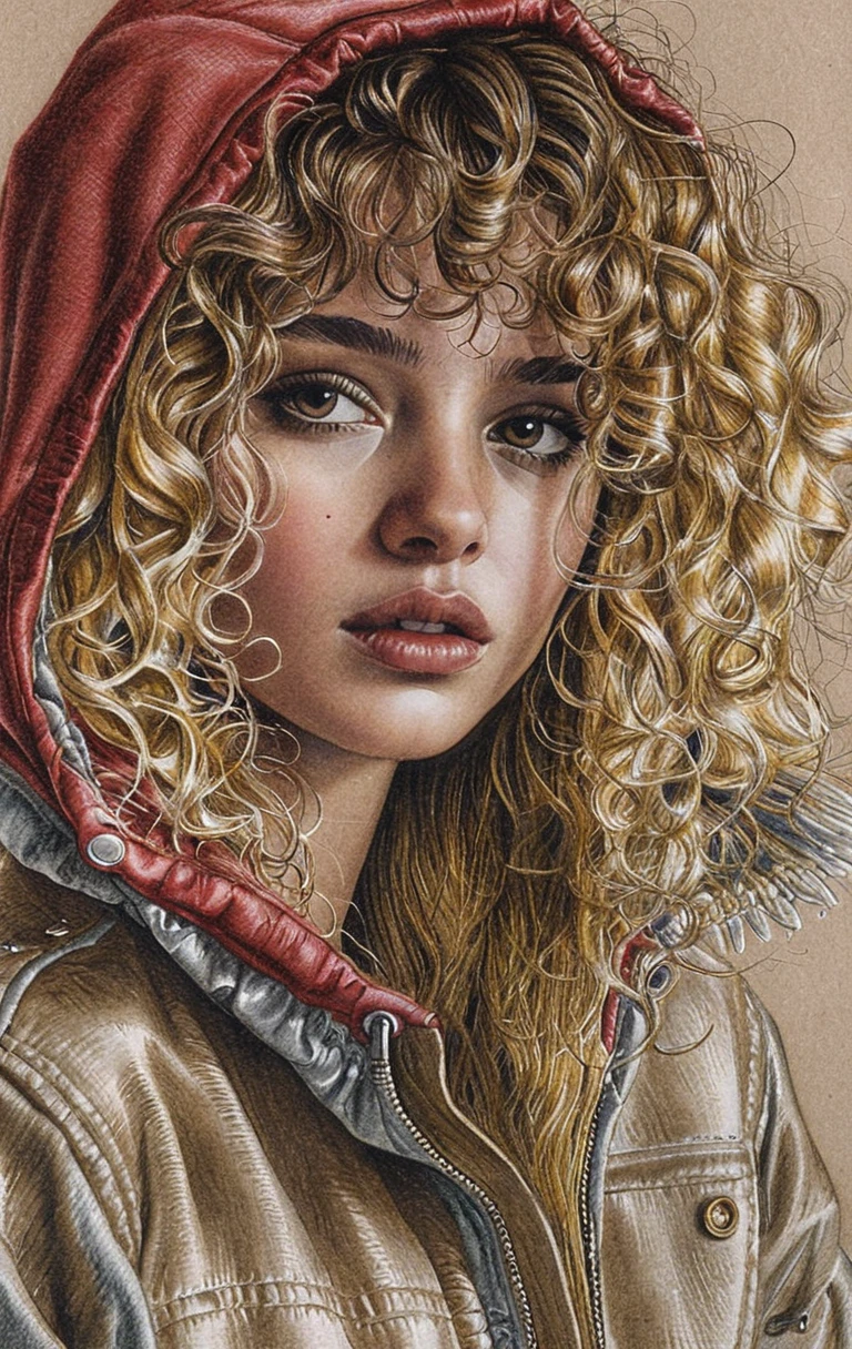 Hyperreal graphite portrait of a young woman in hooded bomber