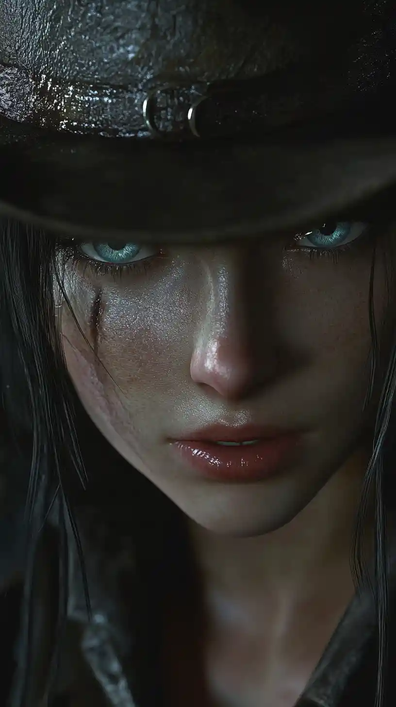 Anime cowboy close up in a tense western duel