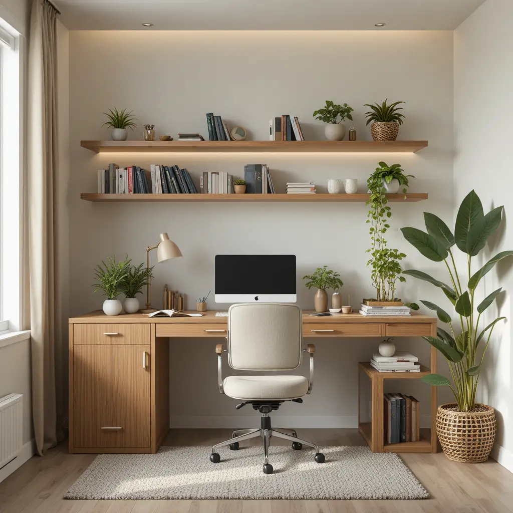 Eco conscious minimalist workspace with plants and soft light