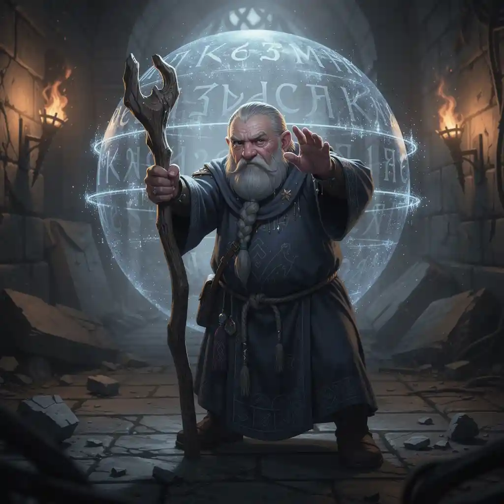 Mago enano estoico con túnica oscura que maneja magia defensiva
