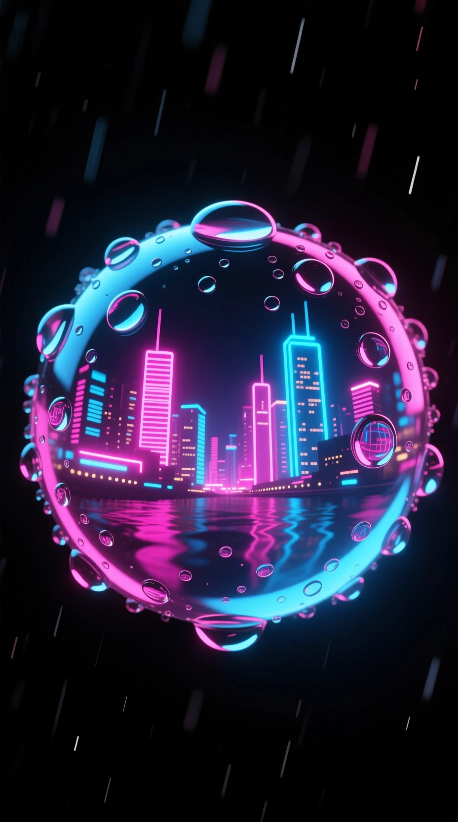 Neon city lights reflected in a macro water droplet
