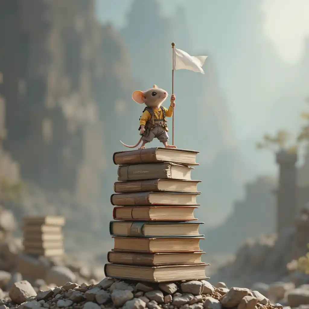 Minuscolo topo alpinista che pianta una bandiera in cima a libri altissimi