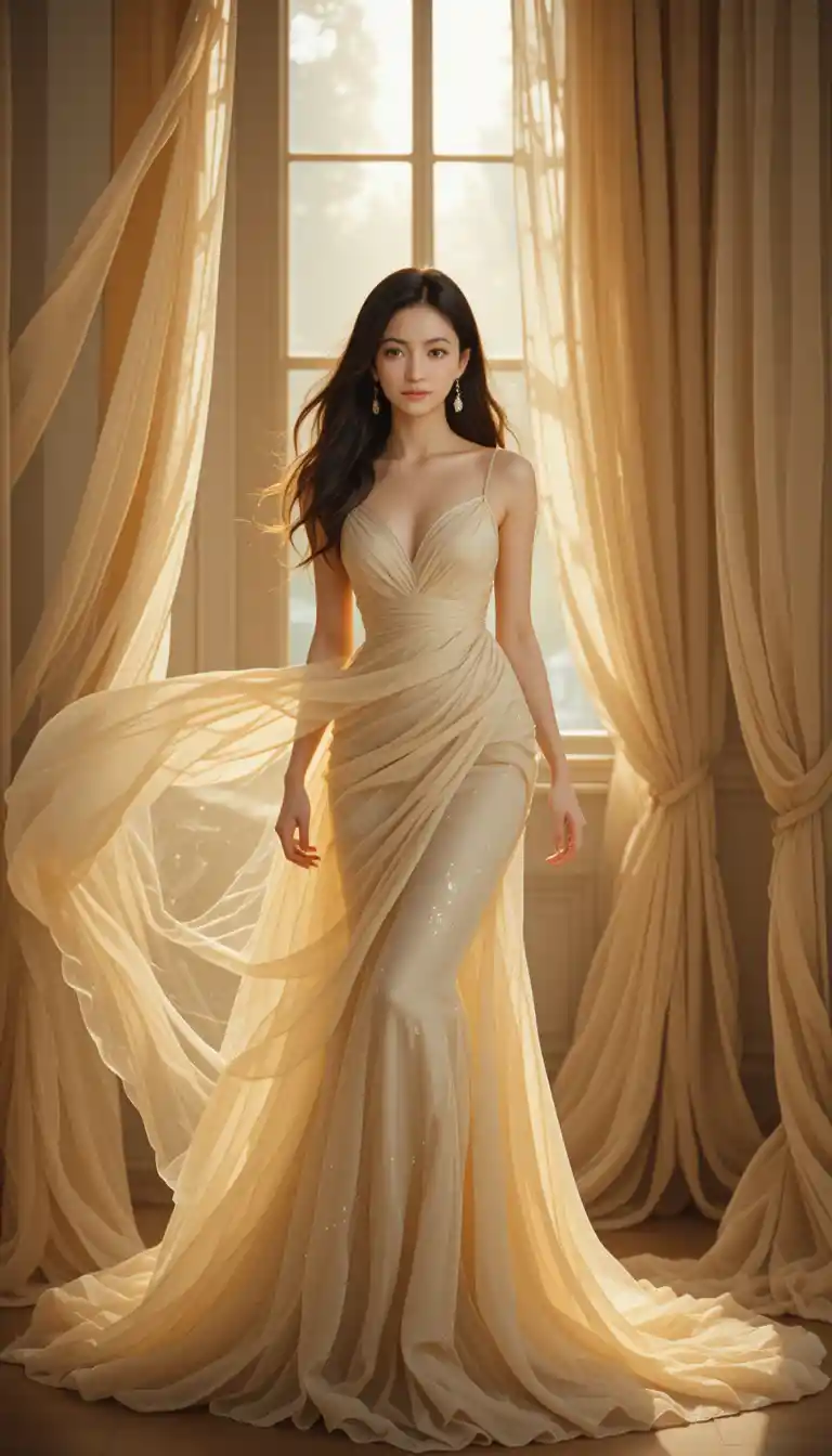 Elegant woman in flowing beige gown by sunlit drapes