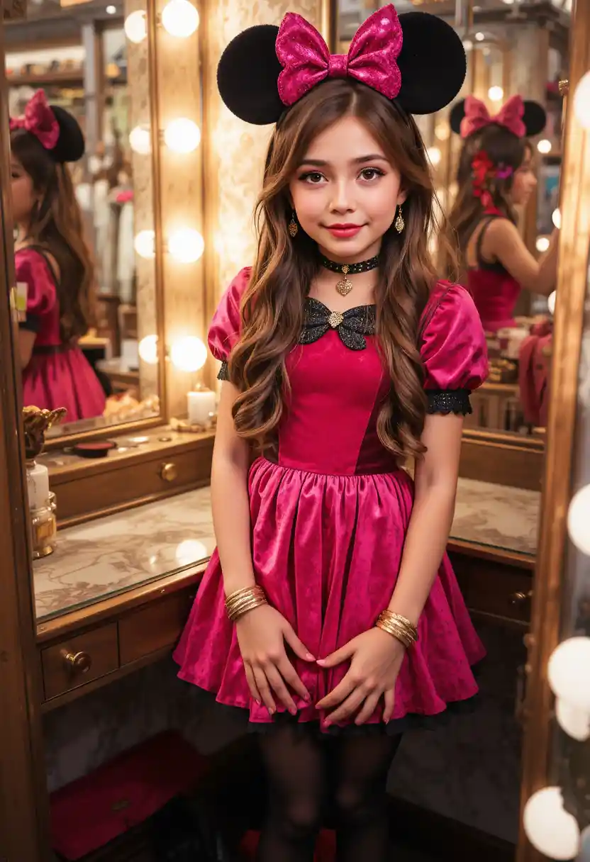 Tween girl in pink minnie dress at boutique vanity