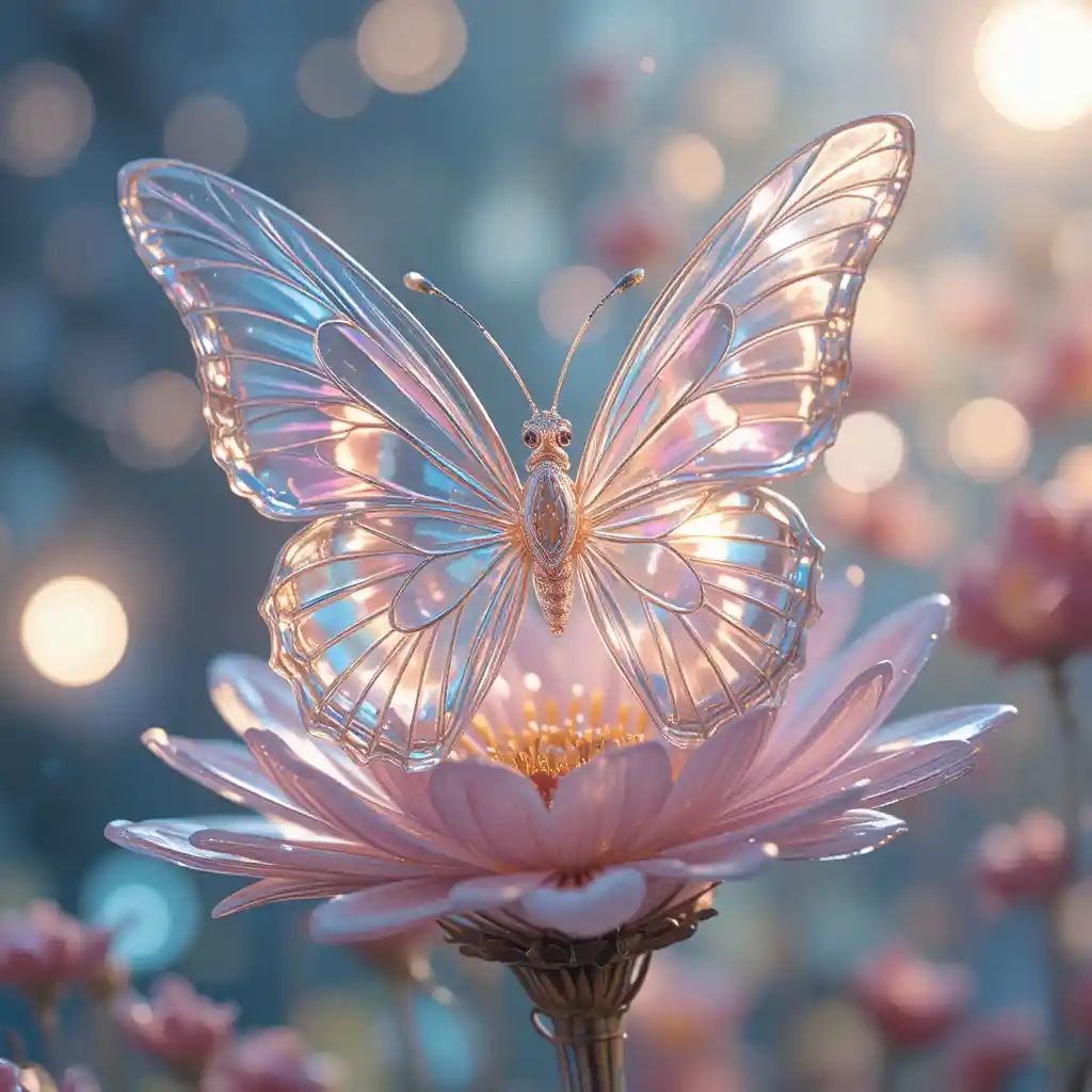 Glas-Schmetterling ruht auf einer Kristallblume im sanften Licht