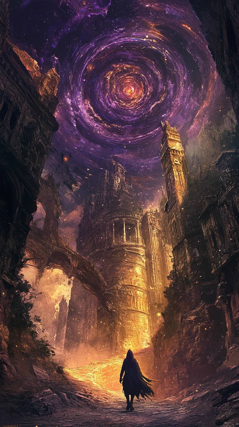 Viandante Incappucciato in una Città Fantasy Labirintica e Surreale