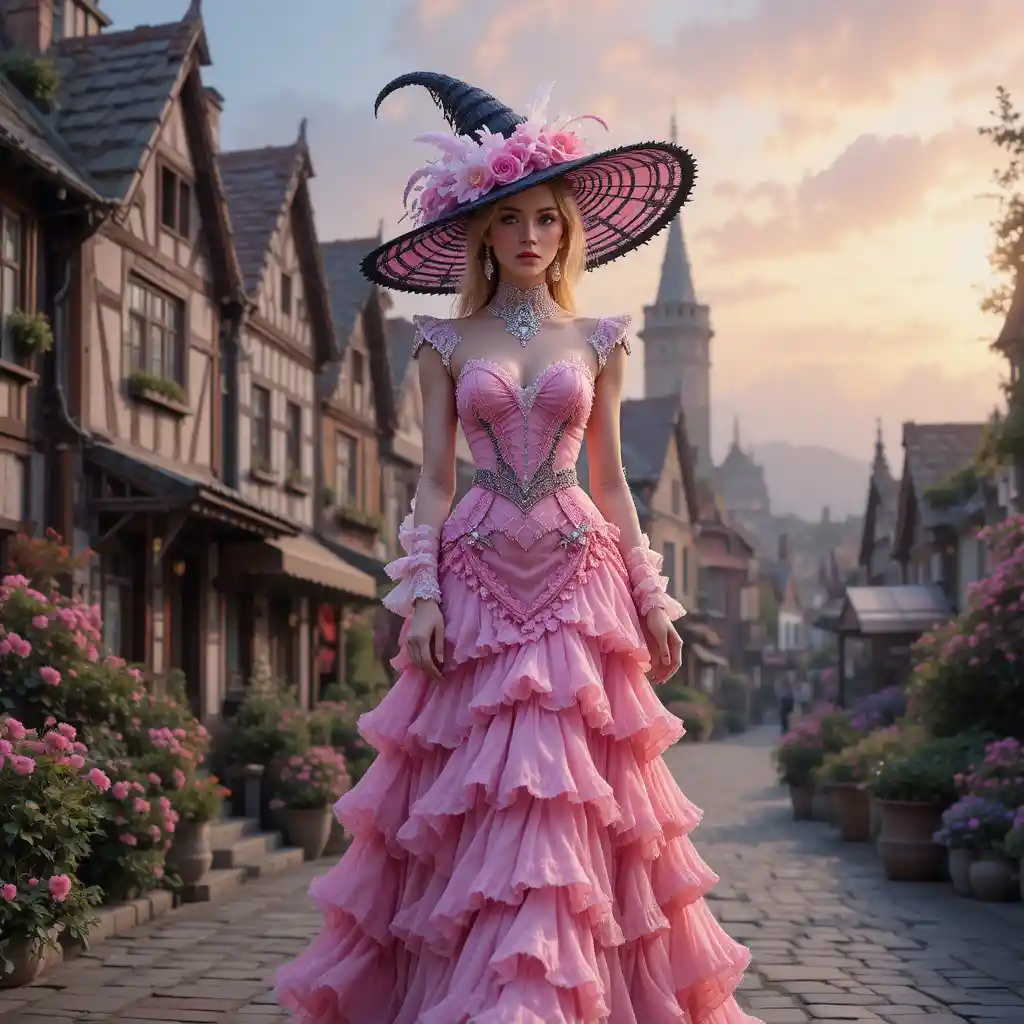 Elegante Frau im rosa Gothic-Kleid geht durch bunte Stadt
