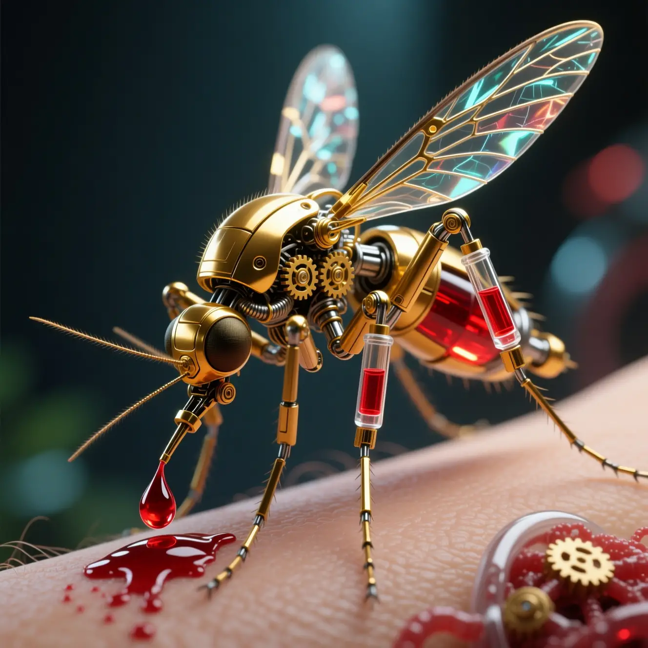 Zanzara robotica futuristica che preleva sangue dalla pelle umana