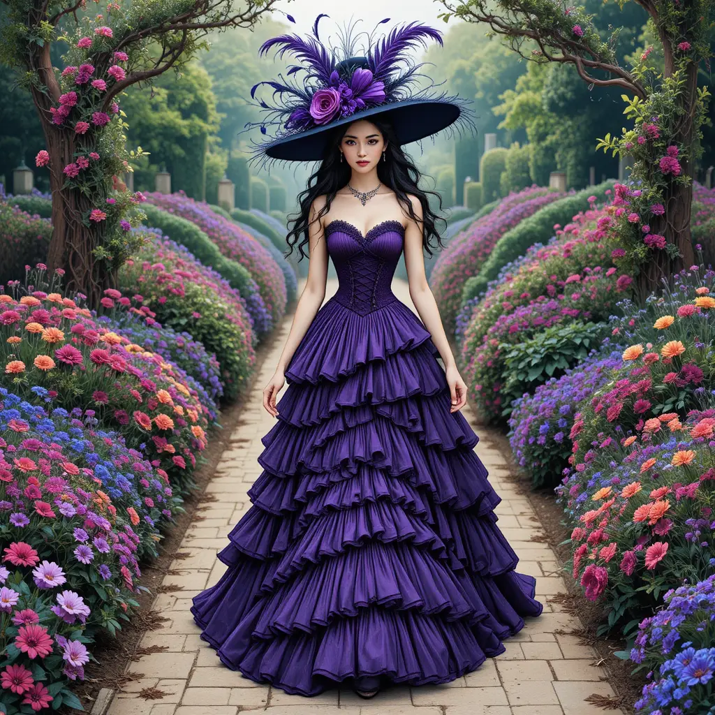 Elegant gothic woman in purple dress walking through garden