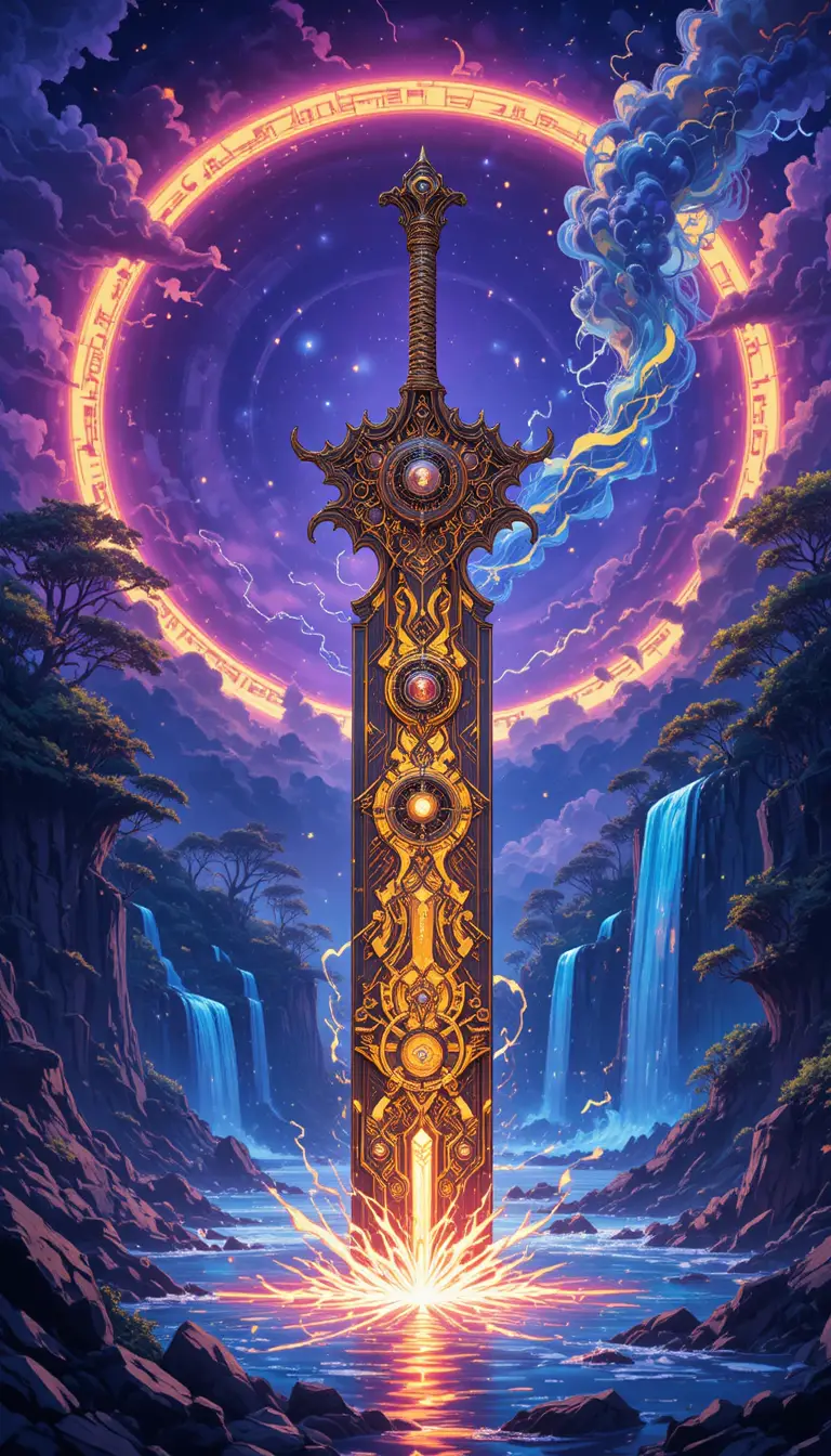Close up anime buster sword with glowing elemental magic
