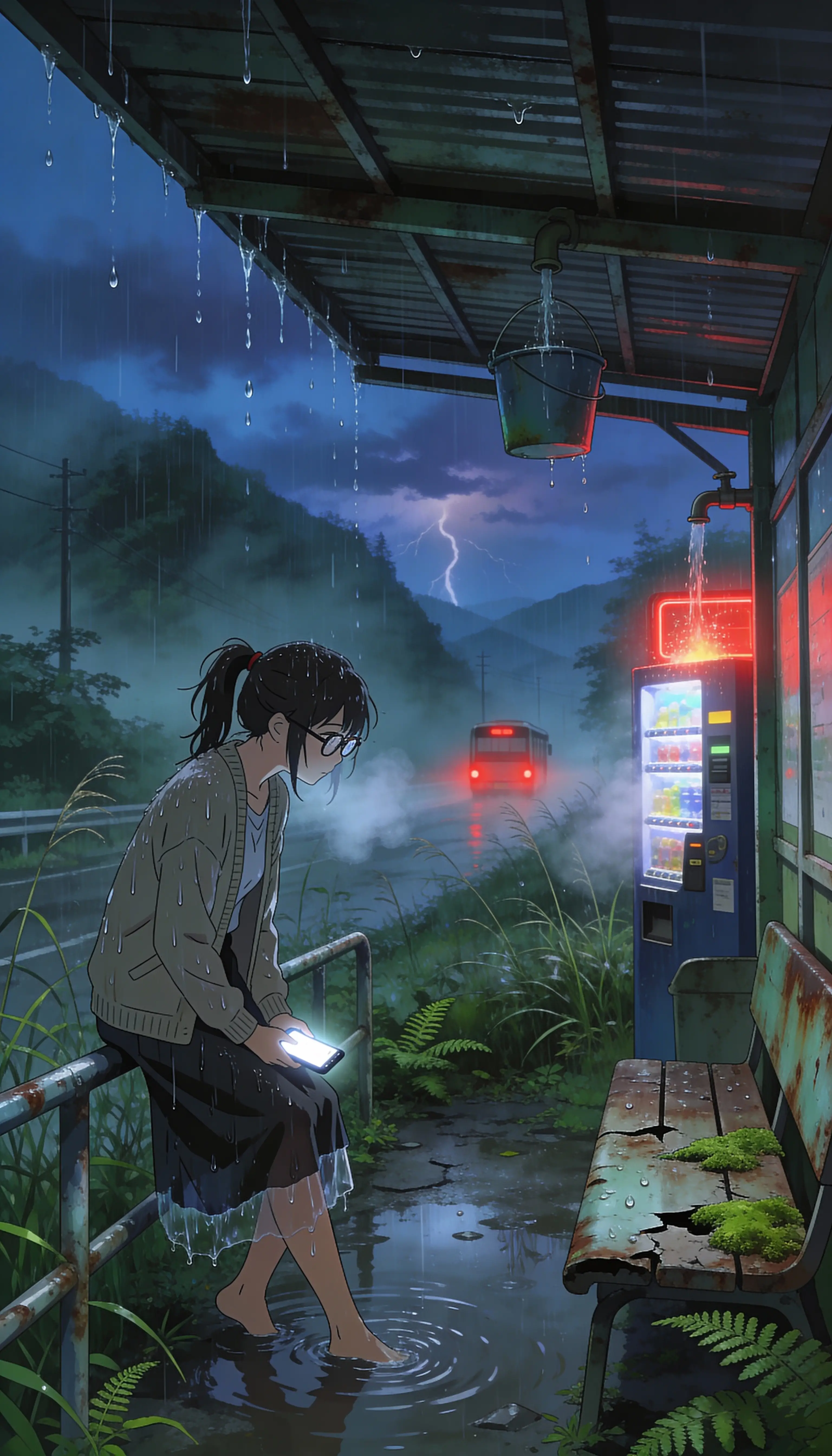 Drenched woman waiting alone at a rural bus stop