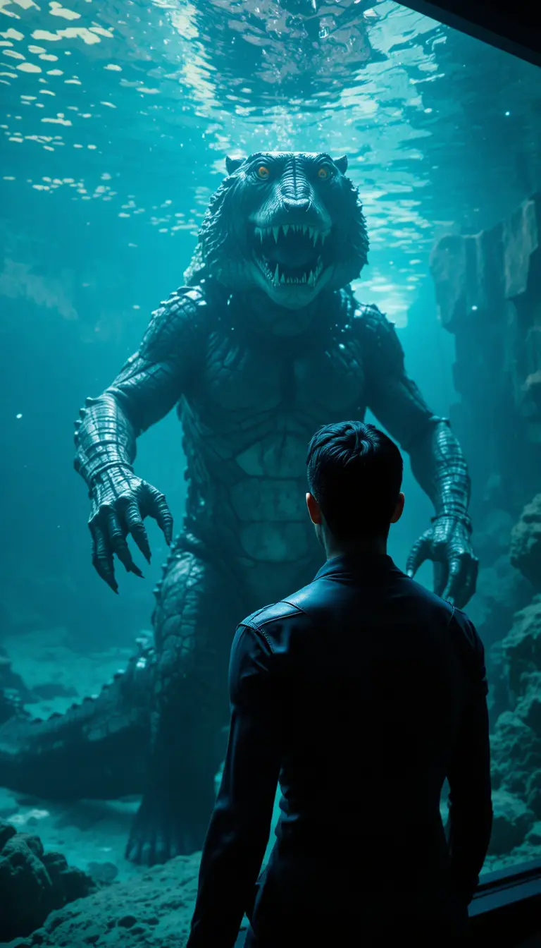 Human and hybrid predator at underwater observation window