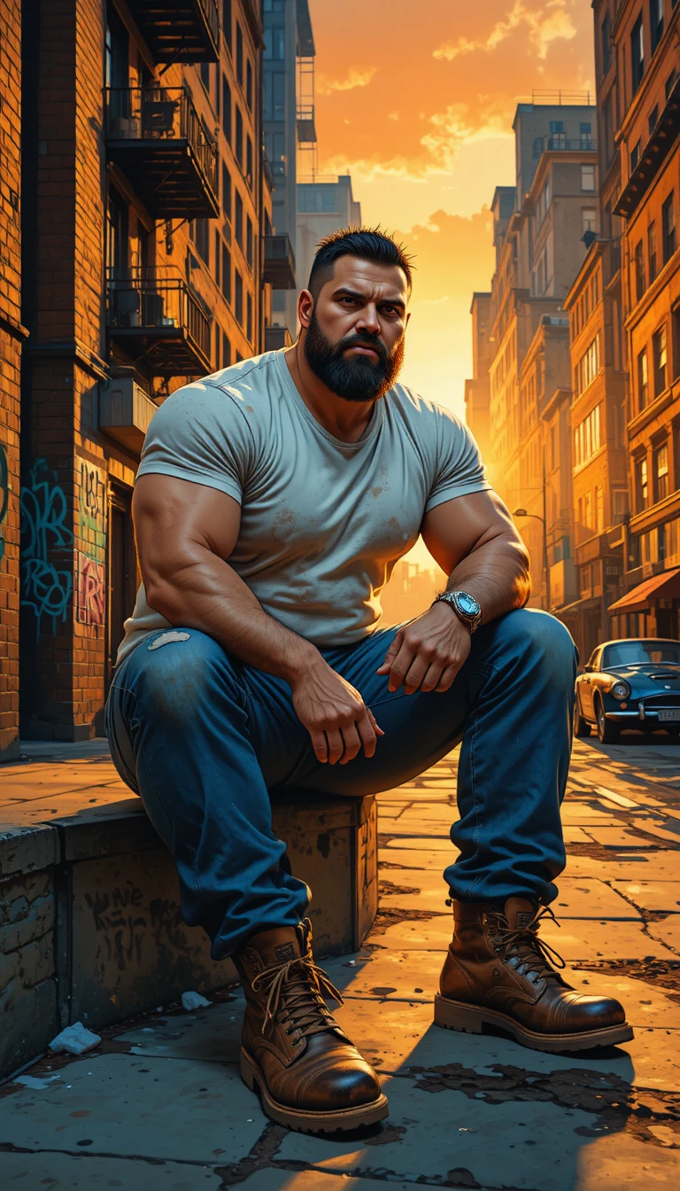 Muscular man on city steps at sunset in graphic style