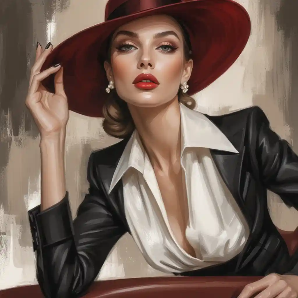 Elegant woman in fedora and black leather blazer portrait