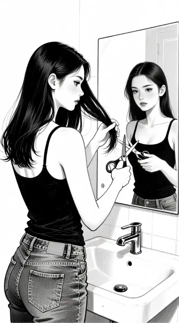 Girl Portrait Reflected In A Mirror With Shifted Hair