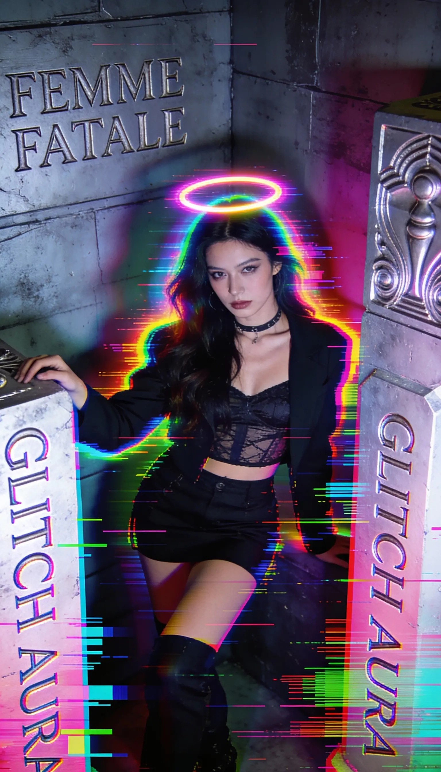 Fashion woman in surreal installation with engraved words