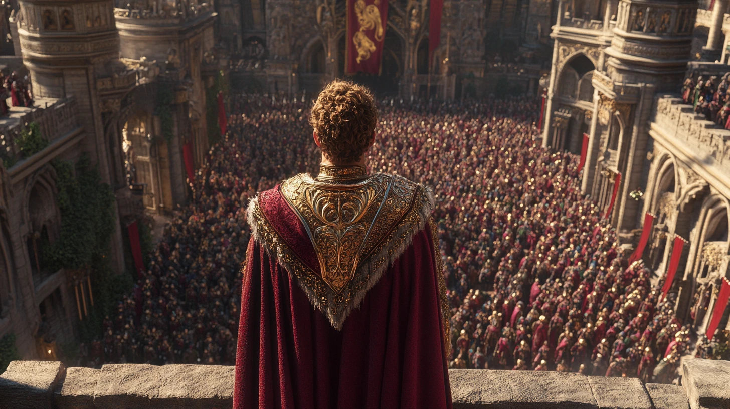 King on a castle balcony before a vast cheering crowd