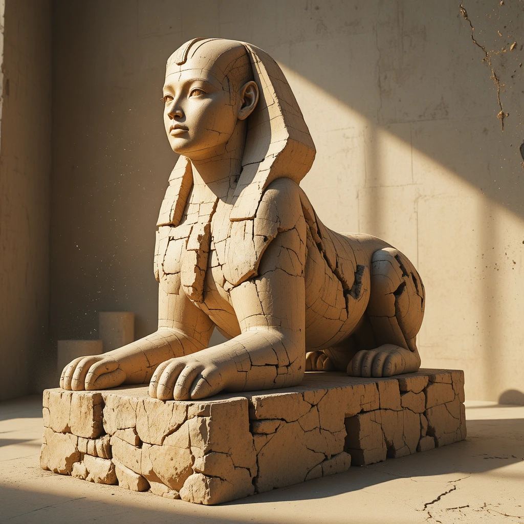 Ancient sphinx sculpture in minimalist gallery sunlight