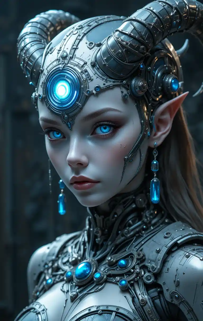 Mujer futurista con rasgos alienígenas y tercer ojo brillante