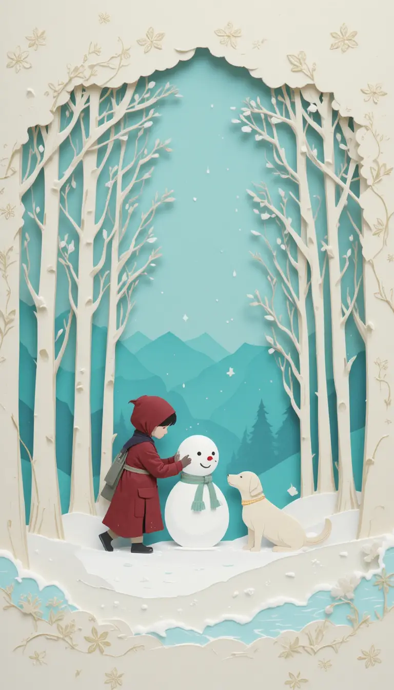 Enfant construisant un bonhomme de neige dans une paisible forêt d’hiver en papier