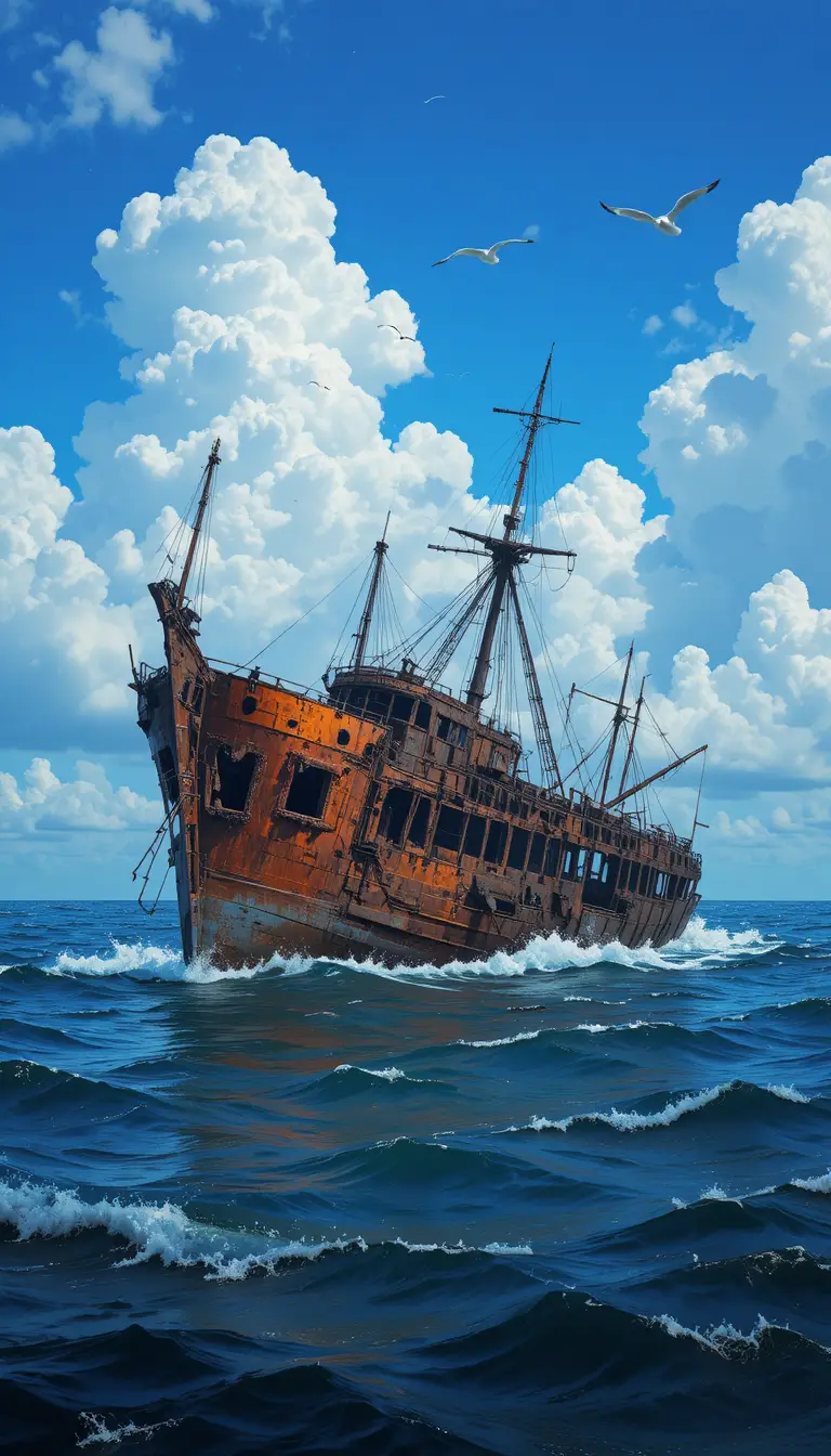 Épave rouillée dérivant sur une mer agitée sous un ciel bleu