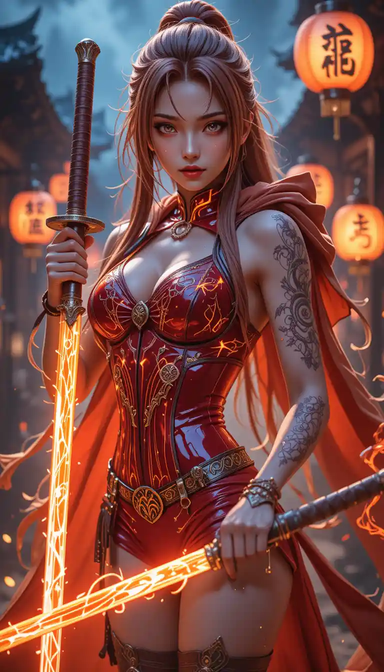 Anime warrior woman with glowing runes in battle stance